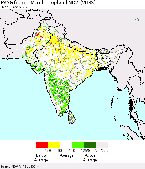 Southern Asia PASG from 1-Month Cropland NDVI (VIIRS) Thematic Map For 3/30/2021 - 4/6/2021