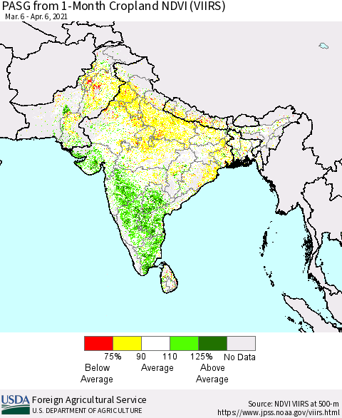 Southern Asia PASG from 1-Month Cropland NDVI (VIIRS) Thematic Map For 4/1/2021 - 4/10/2021
