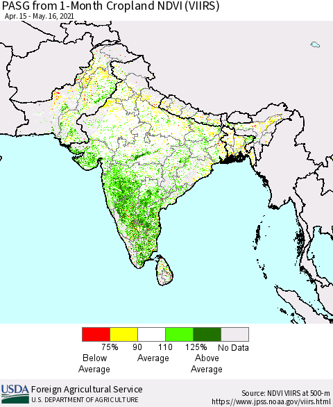 Southern Asia PASG from 1-Month Cropland NDVI (VIIRS) Thematic Map For 5/11/2021 - 5/20/2021