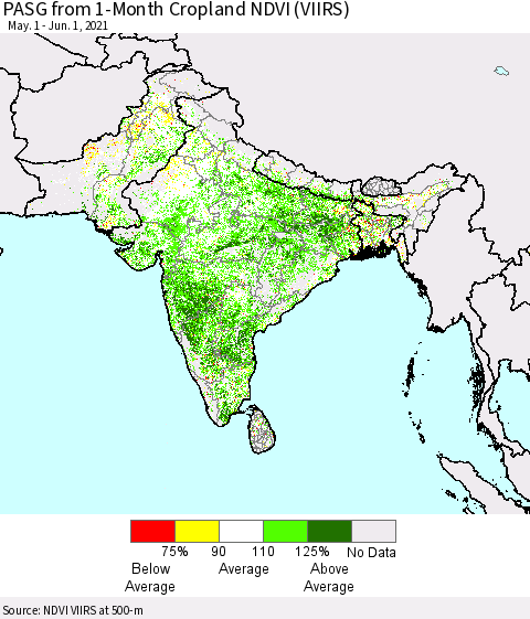 Southern Asia PASG from 1-Month Cropland NDVI (VIIRS) Thematic Map For 5/25/2021 - 6/1/2021