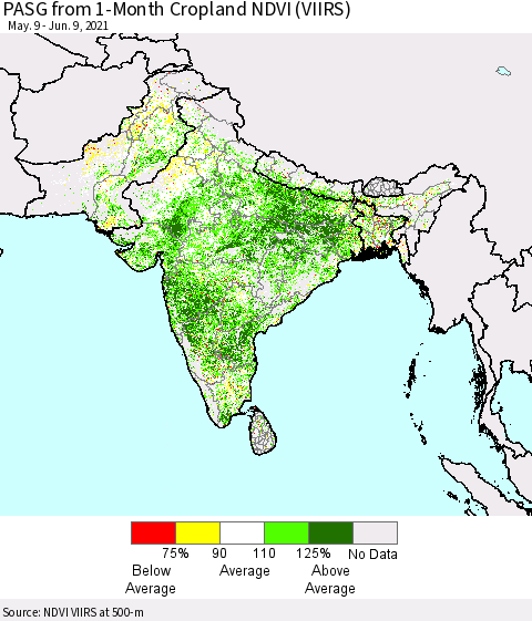 Southern Asia PASG from 1-Month Cropland NDVI (VIIRS) Thematic Map For 6/2/2021 - 6/9/2021