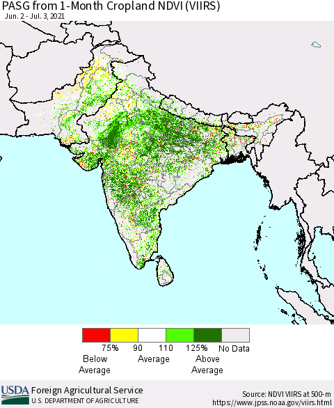 Southern Asia PASG from 1-Month Cropland NDVI (VIIRS) Thematic Map For 7/1/2021 - 7/10/2021