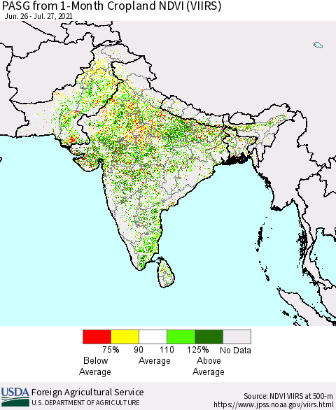 Southern Asia PASG from 1-Month Cropland NDVI (VIIRS) Thematic Map For 7/21/2021 - 7/31/2021
