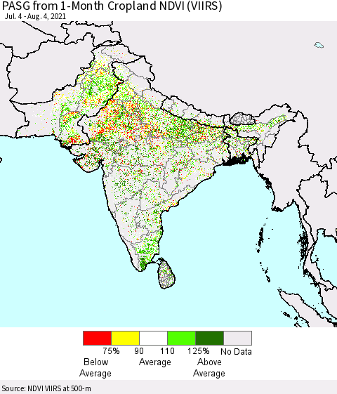 Southern Asia PASG from 1-Month Cropland NDVI (VIIRS) Thematic Map For 7/28/2021 - 8/4/2021