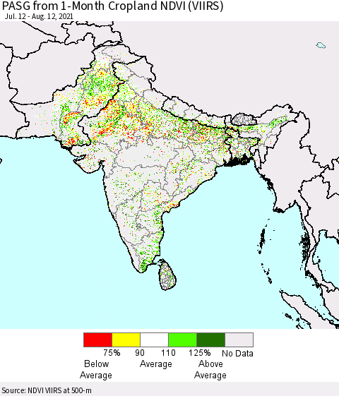 Southern Asia PASG from 1-Month Cropland NDVI (VIIRS) Thematic Map For 8/5/2021 - 8/12/2021