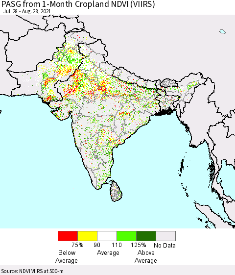 Southern Asia PASG from 1-Month Cropland NDVI (VIIRS) Thematic Map For 8/21/2021 - 8/28/2021
