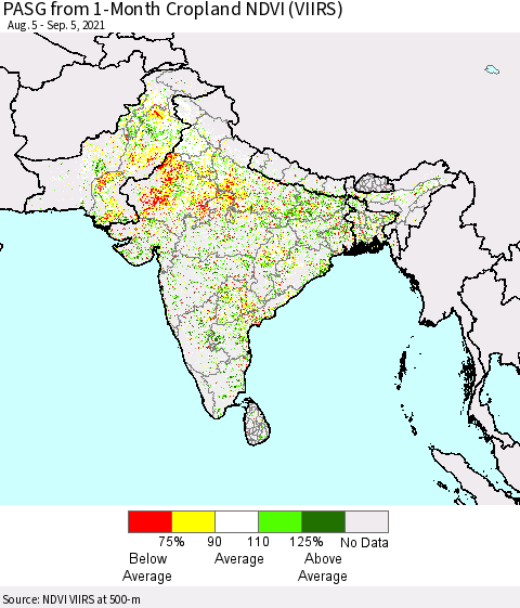 Southern Asia PASG from 1-Month Cropland NDVI (VIIRS) Thematic Map For 8/29/2021 - 9/5/2021