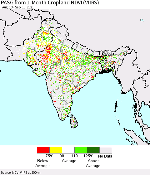 Southern Asia PASG from 1-Month Cropland NDVI (VIIRS) Thematic Map For 9/6/2021 - 9/13/2021