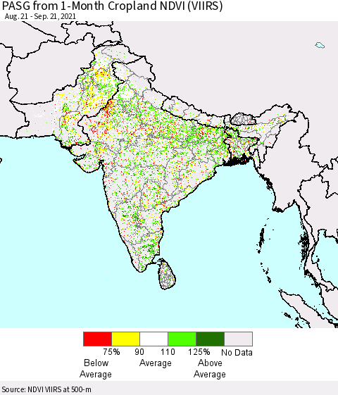 Southern Asia PASG from 1-Month Cropland NDVI (VIIRS) Thematic Map For 9/14/2021 - 9/21/2021
