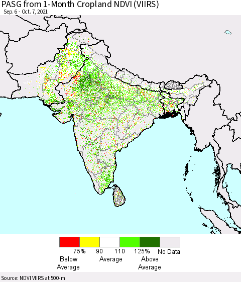 Southern Asia PASG from 1-Month Cropland NDVI (VIIRS) Thematic Map For 9/30/2021 - 10/7/2021