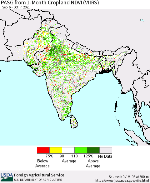 Southern Asia PASG from 1-Month Cropland NDVI (VIIRS) Thematic Map For 10/1/2021 - 10/10/2021