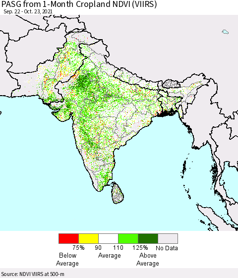 Southern Asia PASG from 1-Month Cropland NDVI (VIIRS) Thematic Map For 10/16/2021 - 10/23/2021
