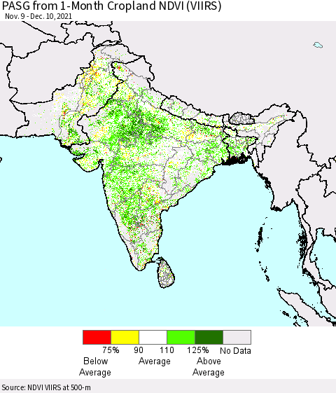 Southern Asia PASG from 1-Month Cropland NDVI (VIIRS) Thematic Map For 12/1/2021 - 12/10/2021