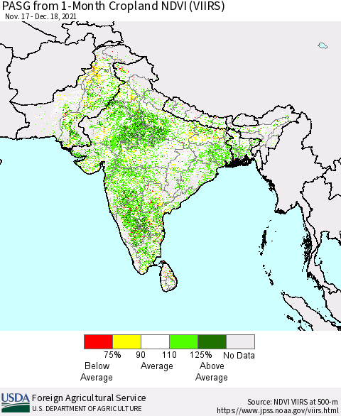 Southern Asia PASG from 1-Month Cropland NDVI (VIIRS) Thematic Map For 12/11/2021 - 12/20/2021