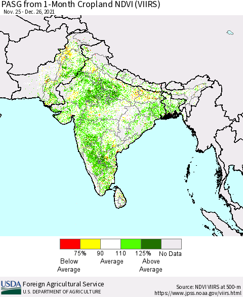 Southern Asia PASG from 1-Month Cropland NDVI (VIIRS) Thematic Map For 12/21/2021 - 12/31/2021