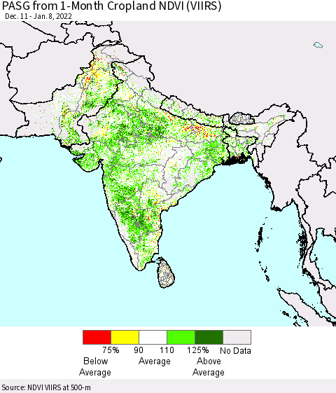 Southern Asia PASG from 1-Month Cropland NDVI (VIIRS) Thematic Map For 1/1/2022 - 1/8/2022