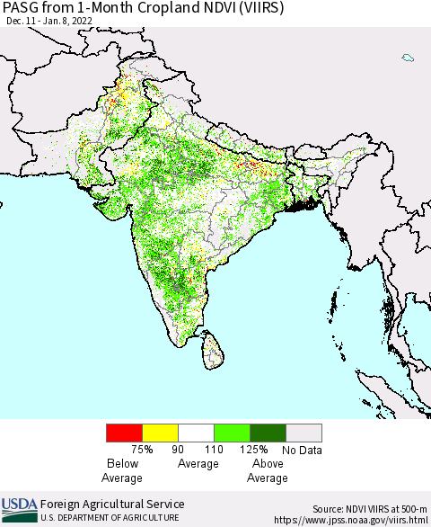 Southern Asia PASG from 1-Month Cropland NDVI (VIIRS) Thematic Map For 1/1/2022 - 1/10/2022