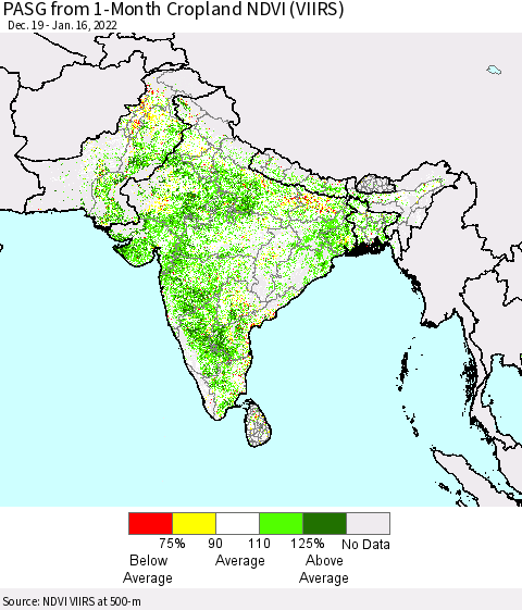 Southern Asia PASG from 1-Month Cropland NDVI (VIIRS) Thematic Map For 1/9/2022 - 1/16/2022