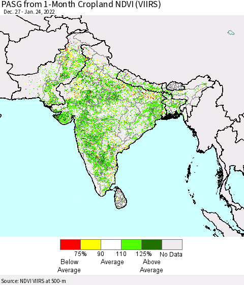 Southern Asia PASG from 1-Month Cropland NDVI (VIIRS) Thematic Map For 1/17/2022 - 1/24/2022