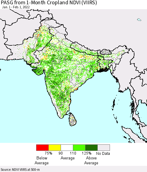 Southern Asia PASG from 1-Month Cropland NDVI (VIIRS) Thematic Map For 1/25/2022 - 2/1/2022
