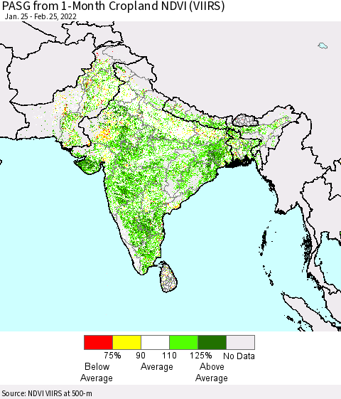 Southern Asia PASG from 1-Month Cropland NDVI (VIIRS) Thematic Map For 2/18/2022 - 2/25/2022