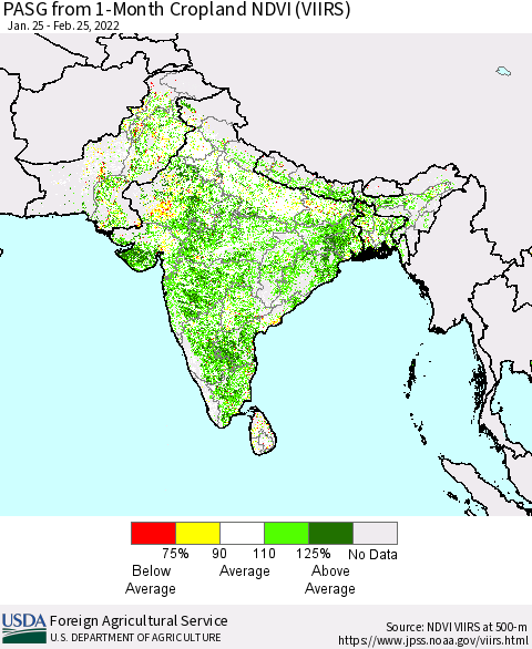 Southern Asia PASG from 1-Month Cropland NDVI (VIIRS) Thematic Map For 2/21/2022 - 2/28/2022