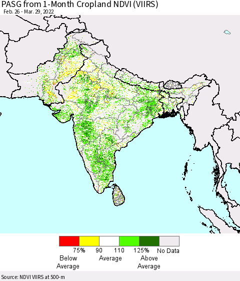 Southern Asia PASG from 1-Month Cropland NDVI (VIIRS) Thematic Map For 3/22/2022 - 3/29/2022