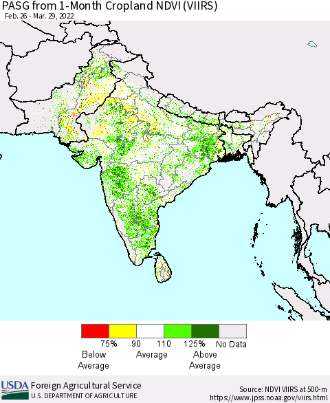 Southern Asia PASG from 1-Month Cropland NDVI (VIIRS) Thematic Map For 3/21/2022 - 3/31/2022