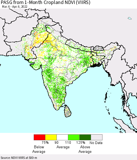 Southern Asia PASG from 1-Month Cropland NDVI (VIIRS) Thematic Map For 3/30/2022 - 4/6/2022