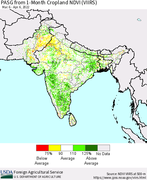 Southern Asia PASG from 1-Month Cropland NDVI (VIIRS) Thematic Map For 4/1/2022 - 4/10/2022