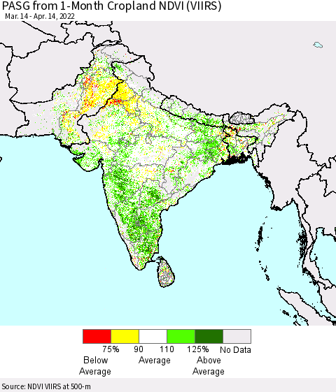 Southern Asia PASG from 1-Month Cropland NDVI (VIIRS) Thematic Map For 4/7/2022 - 4/14/2022