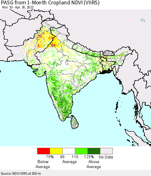 Southern Asia PASG from 1-Month Cropland NDVI (VIIRS) Thematic Map For 4/21/2022 - 4/30/2022
