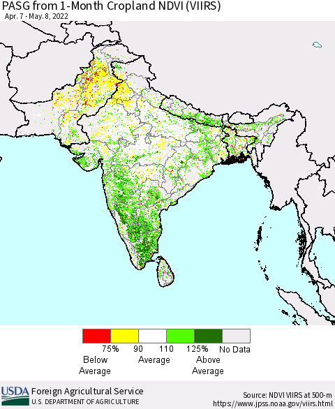 Southern Asia PASG from 1-Month Cropland NDVI (VIIRS) Thematic Map For 5/1/2022 - 5/10/2022