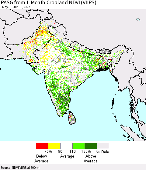 Southern Asia PASG from 1-Month Cropland NDVI (VIIRS) Thematic Map For 5/25/2022 - 6/1/2022