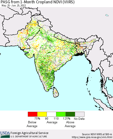 Southern Asia PASG from 1-Month Cropland NDVI (VIIRS) Thematic Map For 6/21/2022 - 6/30/2022