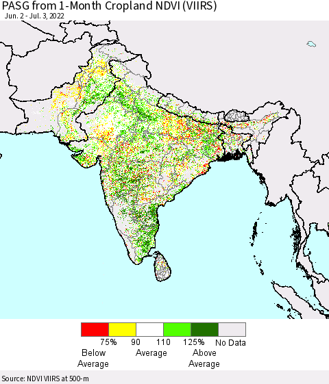 Southern Asia PASG from 1-Month Cropland NDVI (VIIRS) Thematic Map For 6/26/2022 - 7/3/2022