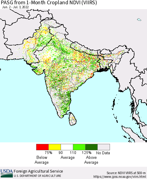 Southern Asia PASG from 1-Month Cropland NDVI (VIIRS) Thematic Map For 7/1/2022 - 7/10/2022