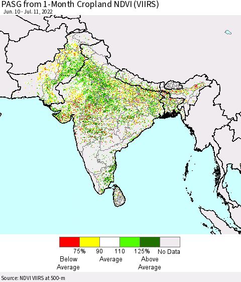 Southern Asia PASG from 1-Month Cropland NDVI (VIIRS) Thematic Map For 7/4/2022 - 7/11/2022