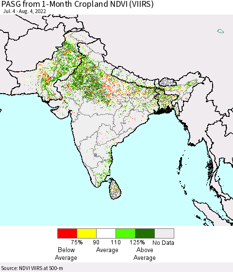 Southern Asia PASG from 1-Month Cropland NDVI (VIIRS) Thematic Map For 7/28/2022 - 8/4/2022
