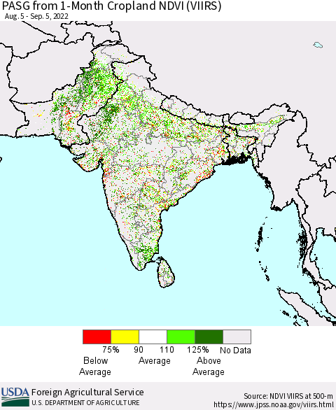 Southern Asia PASG from 1-Month Cropland NDVI (VIIRS) Thematic Map For 9/1/2022 - 9/10/2022