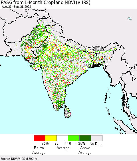Southern Asia PASG from 1-Month Cropland NDVI (VIIRS) Thematic Map For 9/14/2022 - 9/21/2022