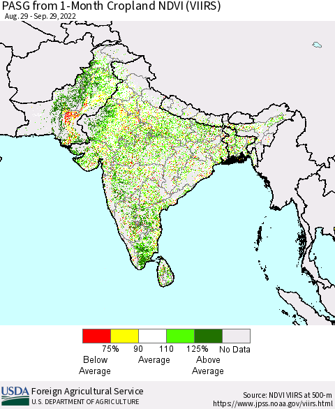 Southern Asia PASG from 1-Month Cropland NDVI (VIIRS) Thematic Map For 9/21/2022 - 9/30/2022
