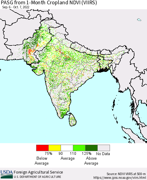 Southern Asia PASG from 1-Month Cropland NDVI (VIIRS) Thematic Map For 10/1/2022 - 10/10/2022