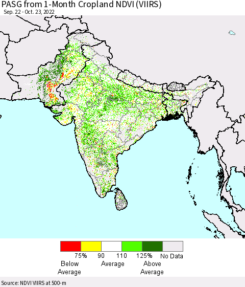 Southern Asia PASG from 1-Month Cropland NDVI (VIIRS) Thematic Map For 10/16/2022 - 10/23/2022