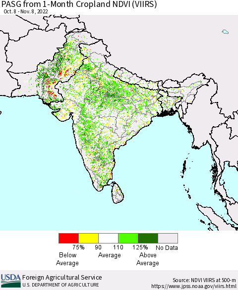 Southern Asia PASG from 1-Month Cropland NDVI (VIIRS) Thematic Map For 11/1/2022 - 11/10/2022