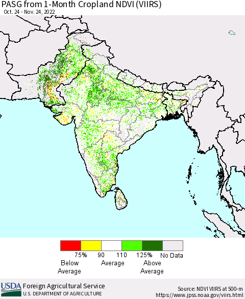 Southern Asia PASG from 1-Month Cropland NDVI (VIIRS) Thematic Map For 11/21/2022 - 11/30/2022