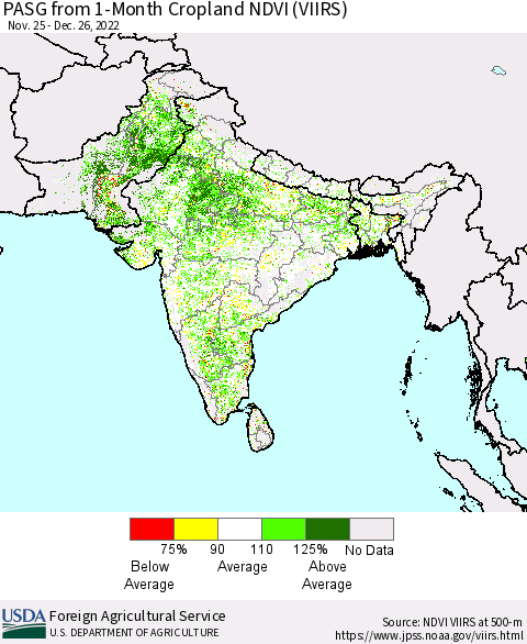 Southern Asia PASG from 1-Month Cropland NDVI (VIIRS) Thematic Map For 12/21/2022 - 12/31/2022