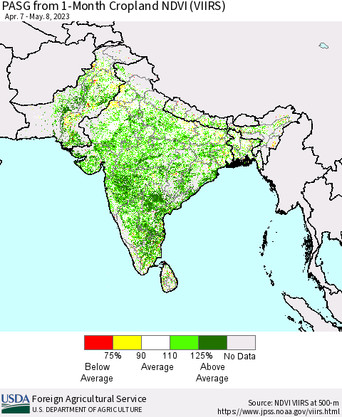 Southern Asia PASG from 1-Month Cropland NDVI (VIIRS) Thematic Map For 5/1/2023 - 5/10/2023