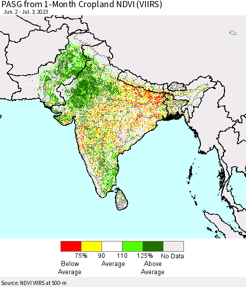 Southern Asia PASG from 1-Month Cropland NDVI (VIIRS) Thematic Map For 6/26/2023 - 7/3/2023
