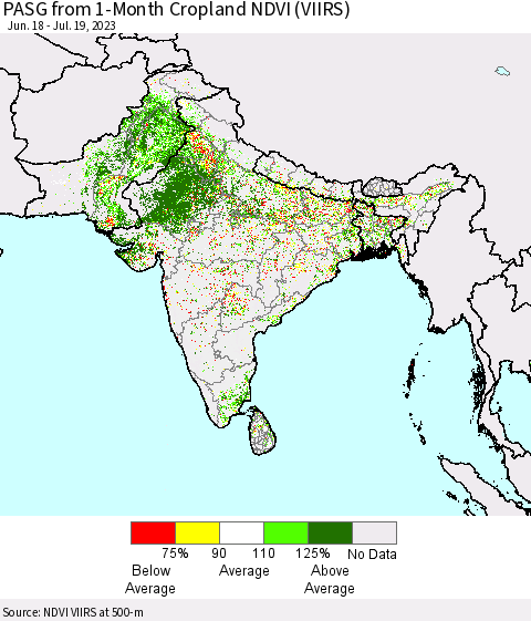 Southern Asia PASG from 1-Month Cropland NDVI (VIIRS) Thematic Map For 7/12/2023 - 7/19/2023